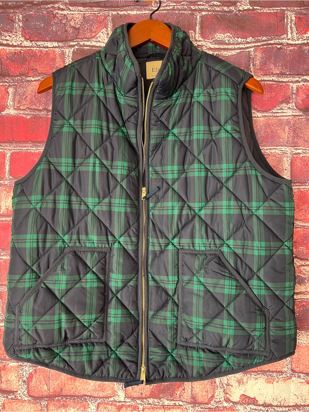 Elie Tahari Plaid Quilted Puffer Vest Green Black Watch Full Zip XL